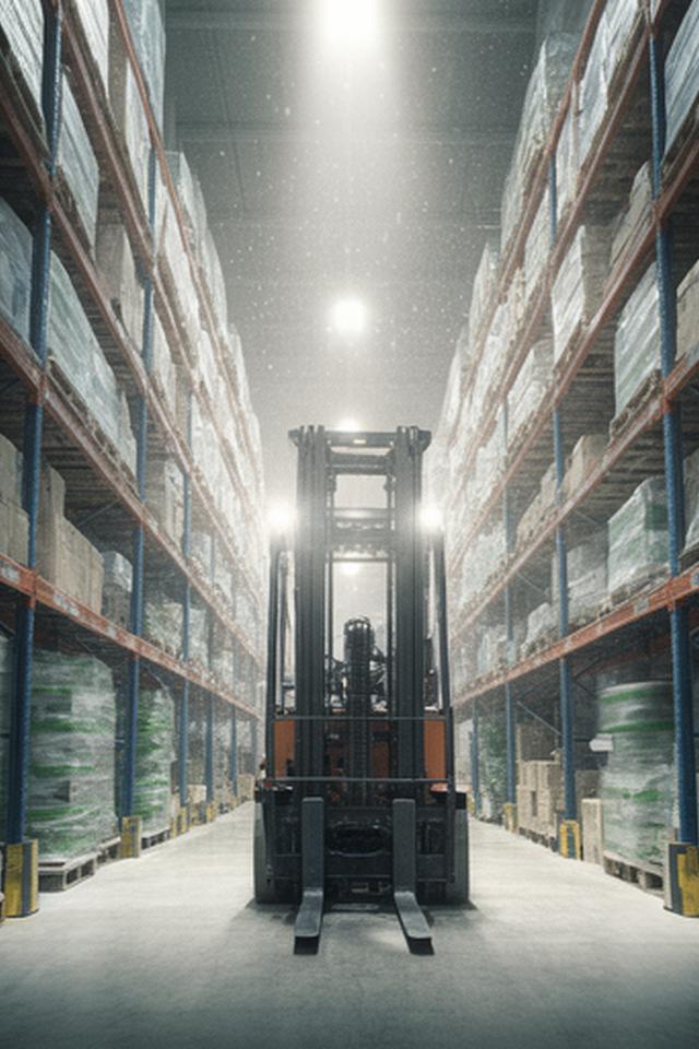 Logistický uzol s regálmi a vysokozdvižným vozíkom v pohybe